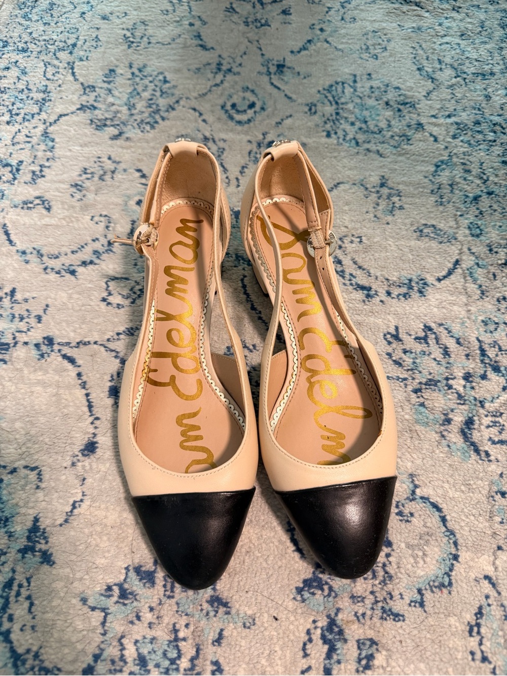 Sam Edelman Two-Tone Ankle-Strap Pointed Flats — Cream and Black